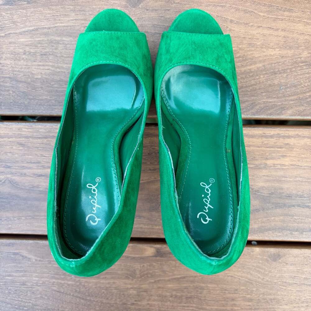 New Y2K Qupid Peep Toe Platform Stiletto Faux Suede Pumps Green Size 8.5 - Picture 4 of 13